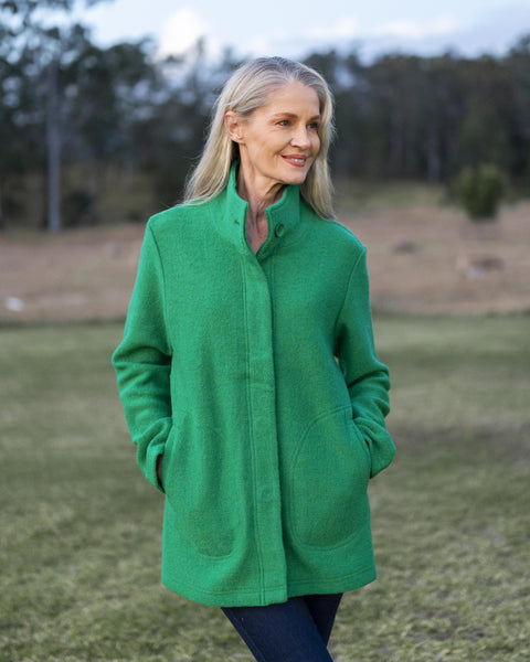 Boiled Wool Funnel Neck Coat - Emerald