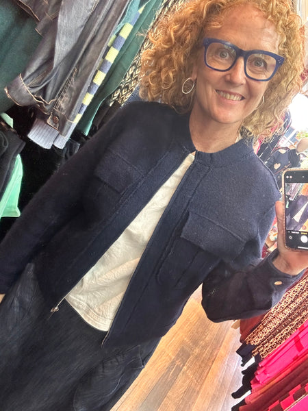 Boiled Wool Bomber Zip Jacket - Navy