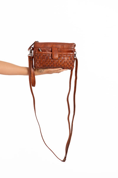 Woven Leather Phone Bag - Cognac