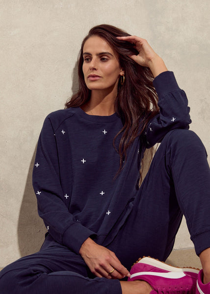 Cotton Sweater with Embroidery - Navy
