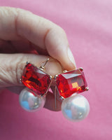 Maggie Red Rectangular Crystal with Faux Pearl Earrings