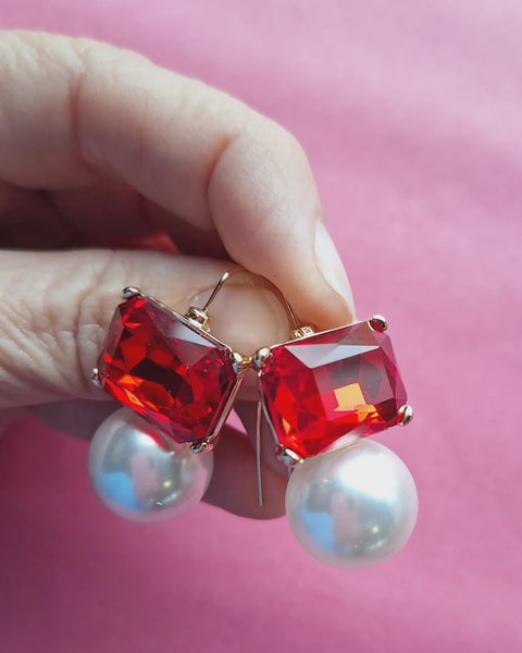 Maggie Red Rectangular Crystal with Faux Pearl Earrings