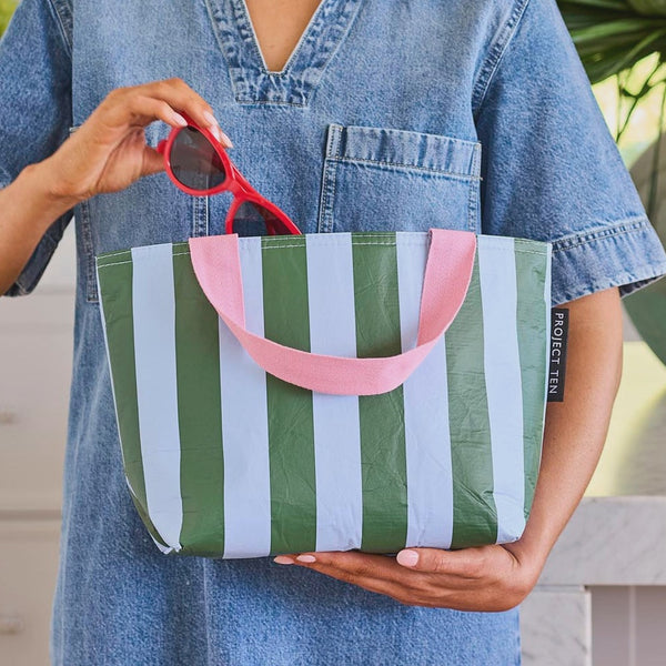 Mini Tote - Green Blue Stripe
