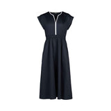 V Neck Shirred Waist Dress - Ink/White