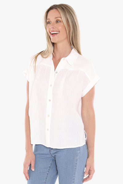 Gather Short Sleeve Linen Shirt - White