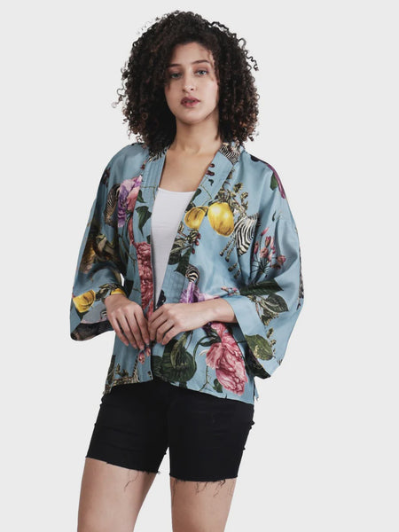 Floral Cotton Muslin Short Kimono - Blue