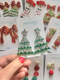 Silver & Green Resin Christmas Tree Earrings