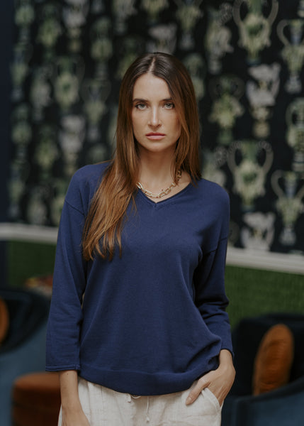 Classic V Neck with Trim - Blue