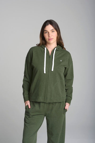 Cotton Slub Zip Front Hoody - Bronze Green