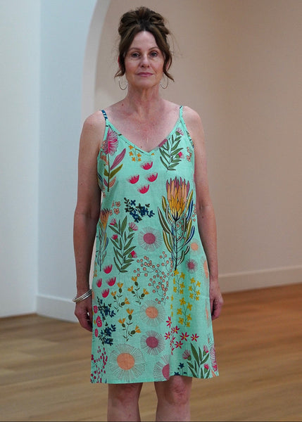 Protea Print Slip Dress - Turquoise