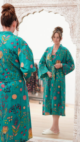 Protea Print Kimono - Teal
