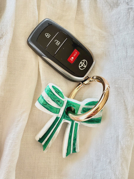 Stripey Bow Resin Keyring - Emerald