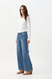 Wide Leg Mid Rise Jeans - Denim Blue