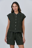 Button Front Blouse - Licorice
