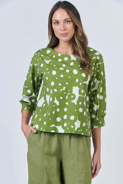 3/4 Sleeve Linen Top - Moss Barnacles