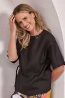 Linen Drawstring Top - Black