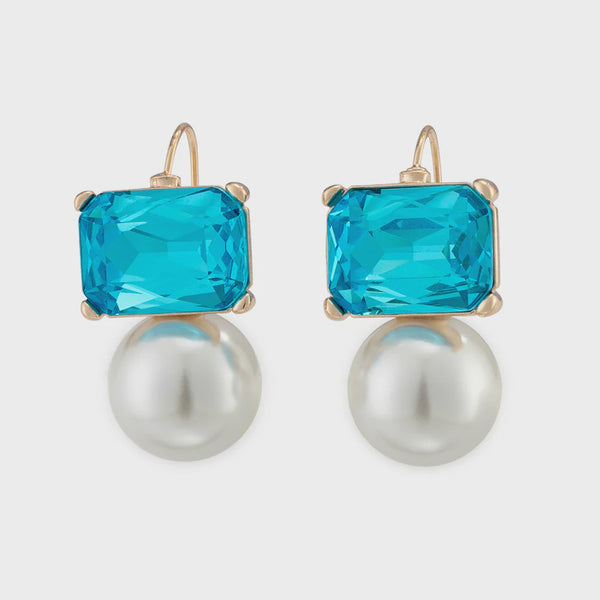 Maggie Aqua Rectangular Crystal with Faux Pearl Earrings