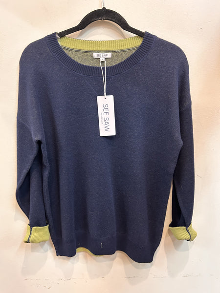 Cotton/Cashmere Reversible Sweater - Navy/Lime