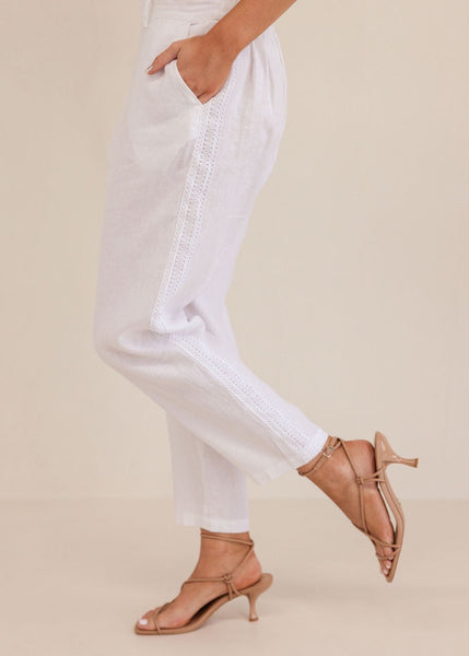 Linen Pants with Lace Side - White