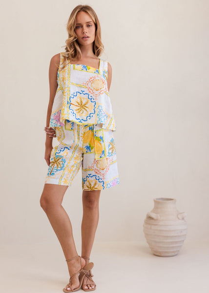 Linen Mid Shorts - Amalfi Dreams