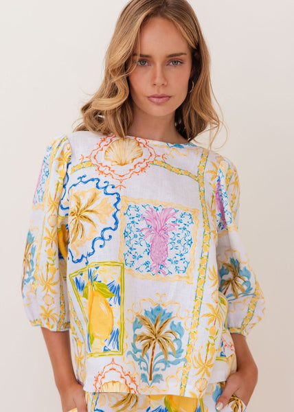 Linen Elbow Sleeve Top - Amalfi Dream