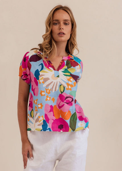 Bloom Burst Short Sleeve Linen Top