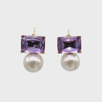 Maggie Violet Rectangular Crystal with Faux Pearl Earrings