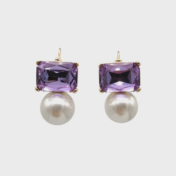 Maggie Violet Rectangular Crystal with Faux Pearl Earrings