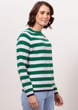Merino Crew Neck Stripe Sweater - Green/White