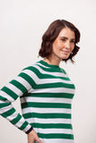 Merino Crew Neck Stripe Sweater - Green/White