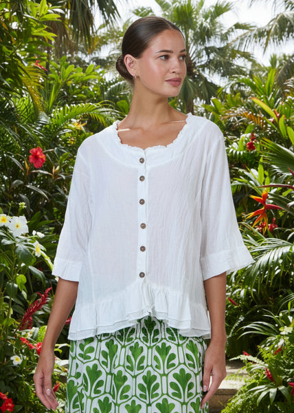 Crinkle Cotton Button Front Top - White