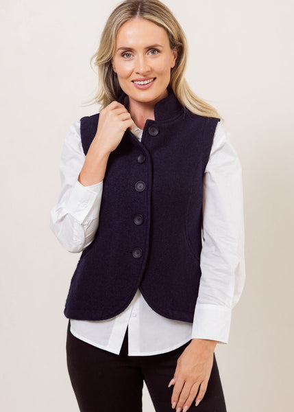 Boiled Wool High Collar Vest - Navy