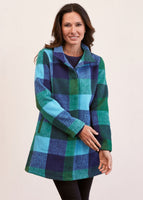 Brushed Wool Blend Plaid Coat - Emerald/Navy/Aqua