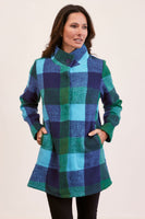 Brushed Wool Blend Plaid Coat - Emerald/Navy/Aqua