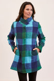 Brushed Wool Blend Plaid Coat - Emerald/Navy/Aqua