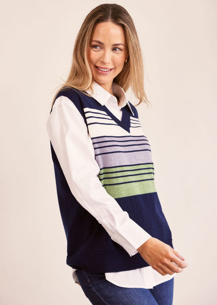 Merino Wool Multi Stripe Vest - Navy/Sage
