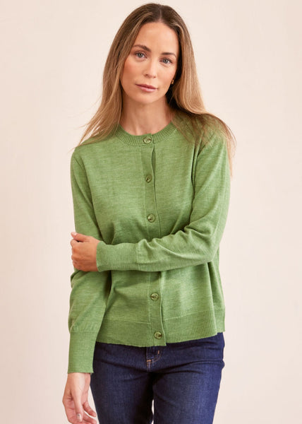 Merino Wool Round Neck Cardigan - Sage