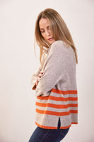 Luxe Merino Roll Neck Stripe Sweater - Natural/Tango