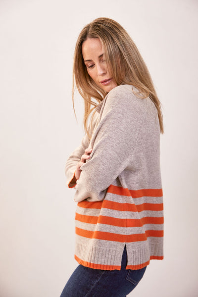 Luxe Merino Roll Neck Stripe Sweater - Natural/Tango