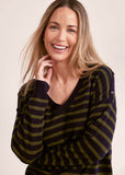 Luxe Merino Wool V Neck Stripe Sweater - Navy/Khaki