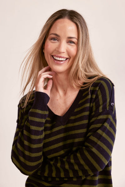 Luxe Merino Wool V Neck Stripe Sweater - Navy/Khaki