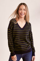 Luxe Merino Wool V Neck Stripe Sweater - Navy/Khaki