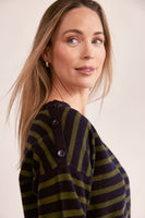 Luxe Merino Wool V Neck Stripe Sweater - Navy/Khaki
