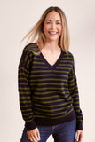 Luxe Merino Wool V Neck Stripe Sweater - Navy/Khaki