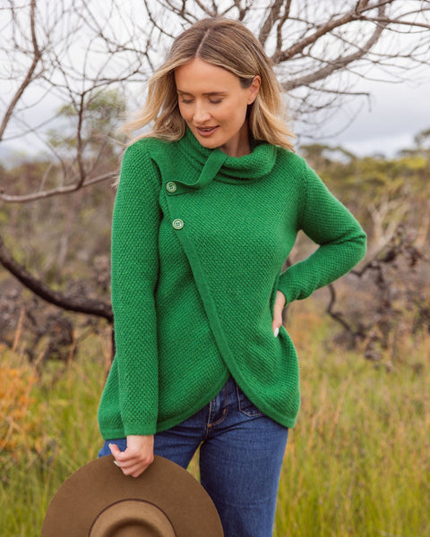 Wool Blend Moss Stitch Cowl Neck Sweater - Pine