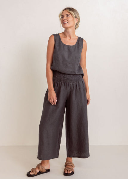 Linen Shirred Waist Pants - Charcoal