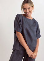 Linen Cuff Sleeve Aline Top - Charcoal
