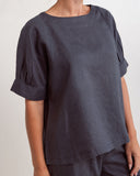 Linen Cuff Sleeve Aline Top - Charcoal