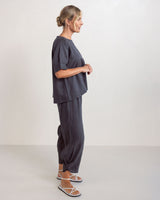 Linen Cuff Sleeve Aline Top - Charcoal