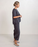 Linen Cuff Sleeve Aline Top - Charcoal